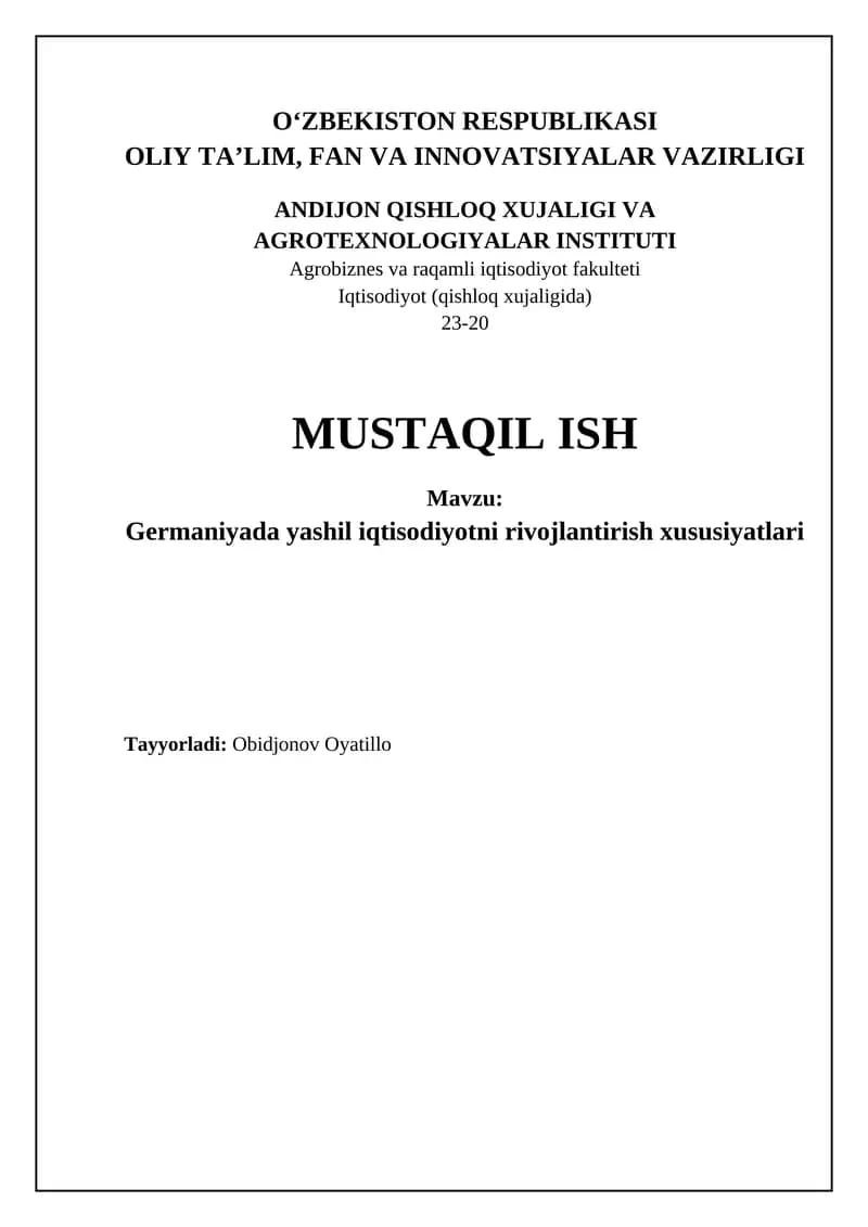 Germaniyada yashil iqtisodiyotni rivojlantirish xususiyatlari