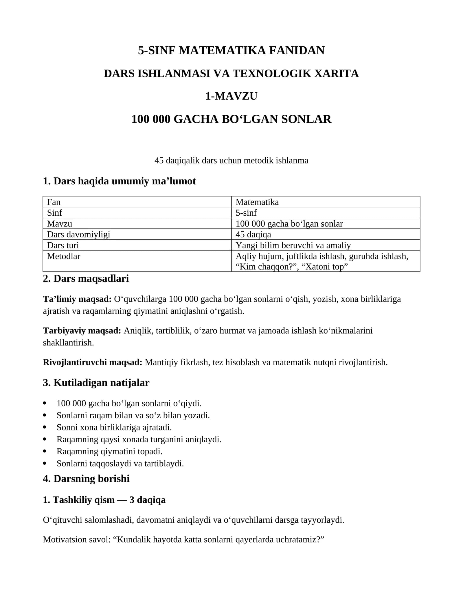 5-SINF MATEMATIKA FANIDAN DARS ISHLANMASI VA TEXNOLOGIK XARITA