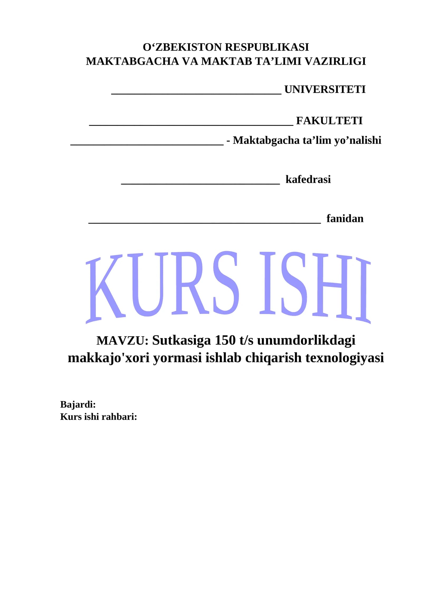 Sutkasiga 150 t/s unumdorlikdagi makkajo'xori yormasi ishlab chiqarish texnologiyasi