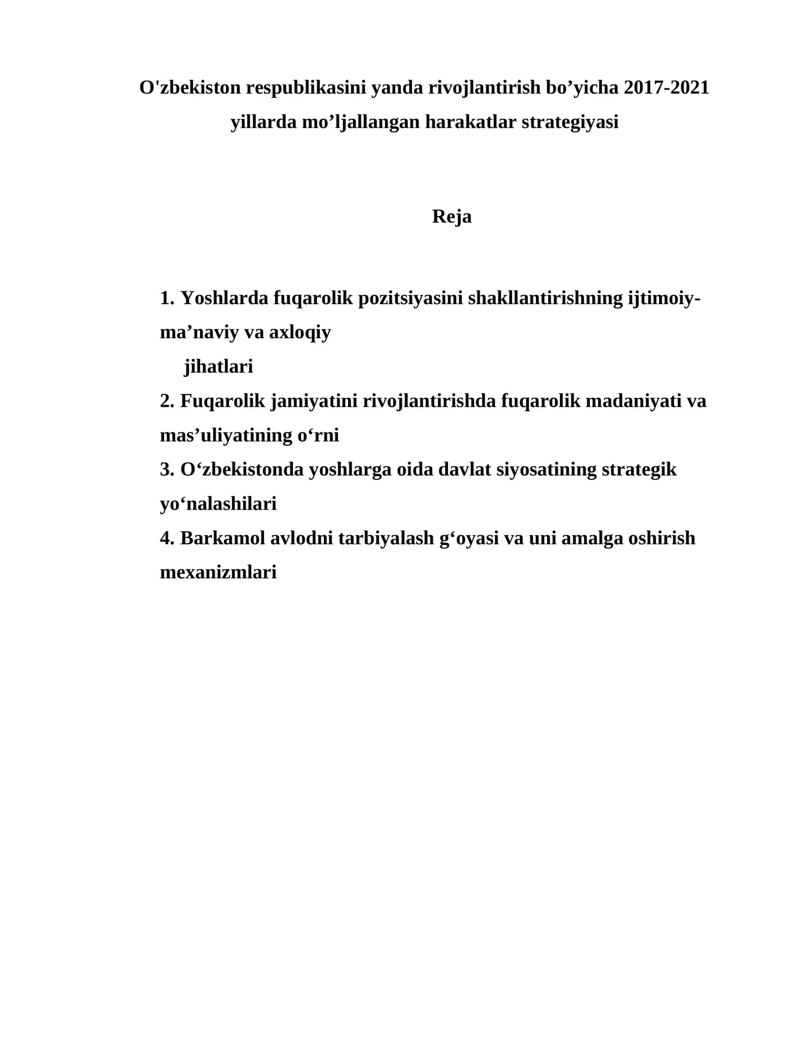 O'zbekiston respublikasini yanda rivojlantirish bo’yicha 2017-2021 yillarda mo’ljallangan harakatlar strategiyasi