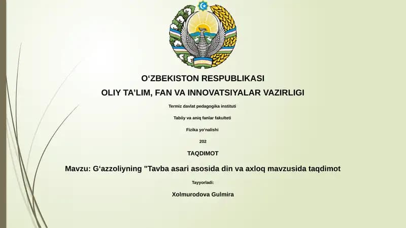 Gʻazzoliyning "Tavba asari asosida din va axloq mavzusida taqdimot