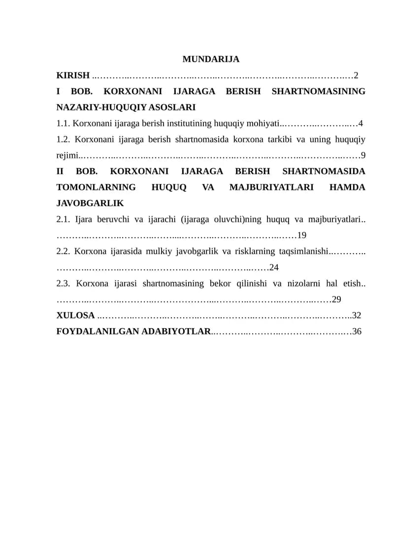 KORXONANI IJARAGA BERISH SHARTNOMASINING FUQAROLIK HUQUQIY XUSUSIYATLARI