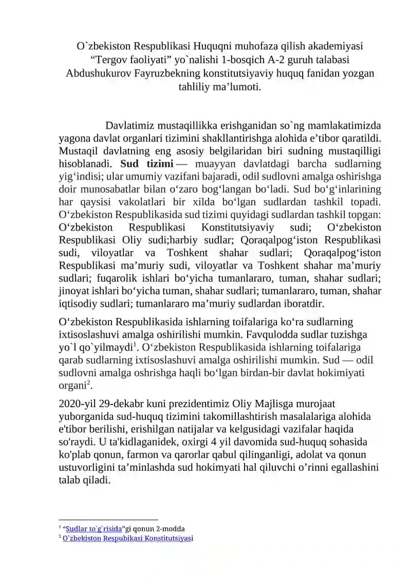 O`zbekiston Respublikasida Sud hokimiyati