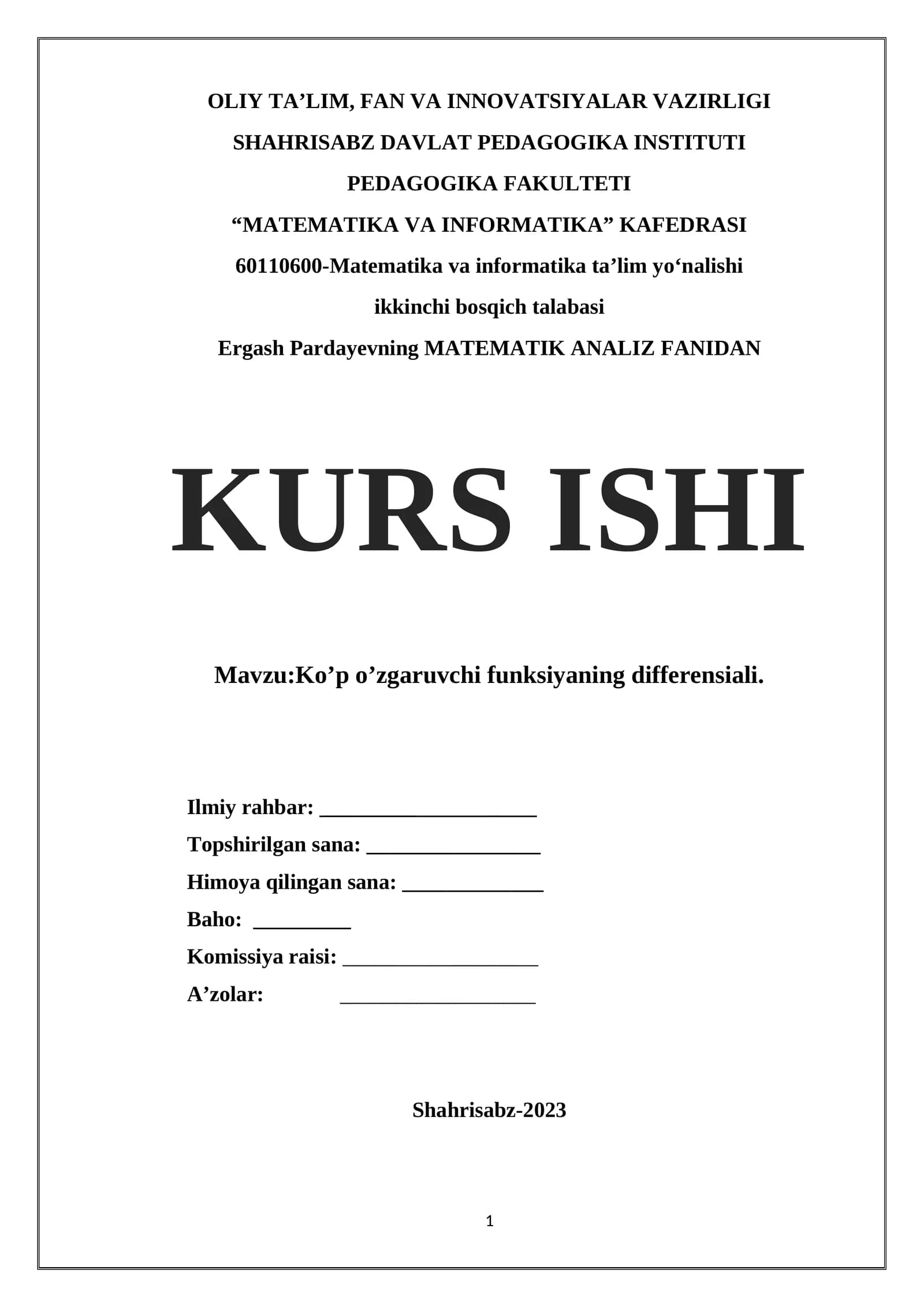 Matematika va informatika ta’lim yo‘nalishi kurs ishi