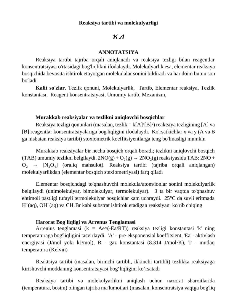 Reaksiya tartibi va molekulyarligi