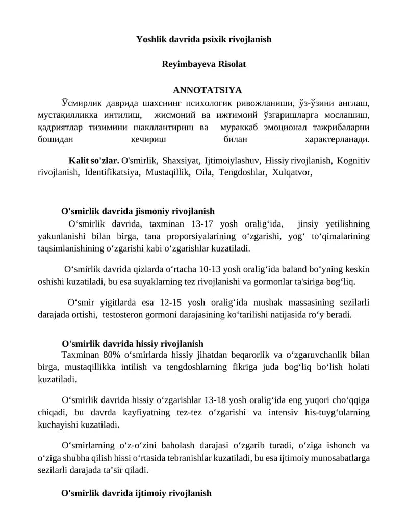 Yoshlik davrida psixik rivojlanish
