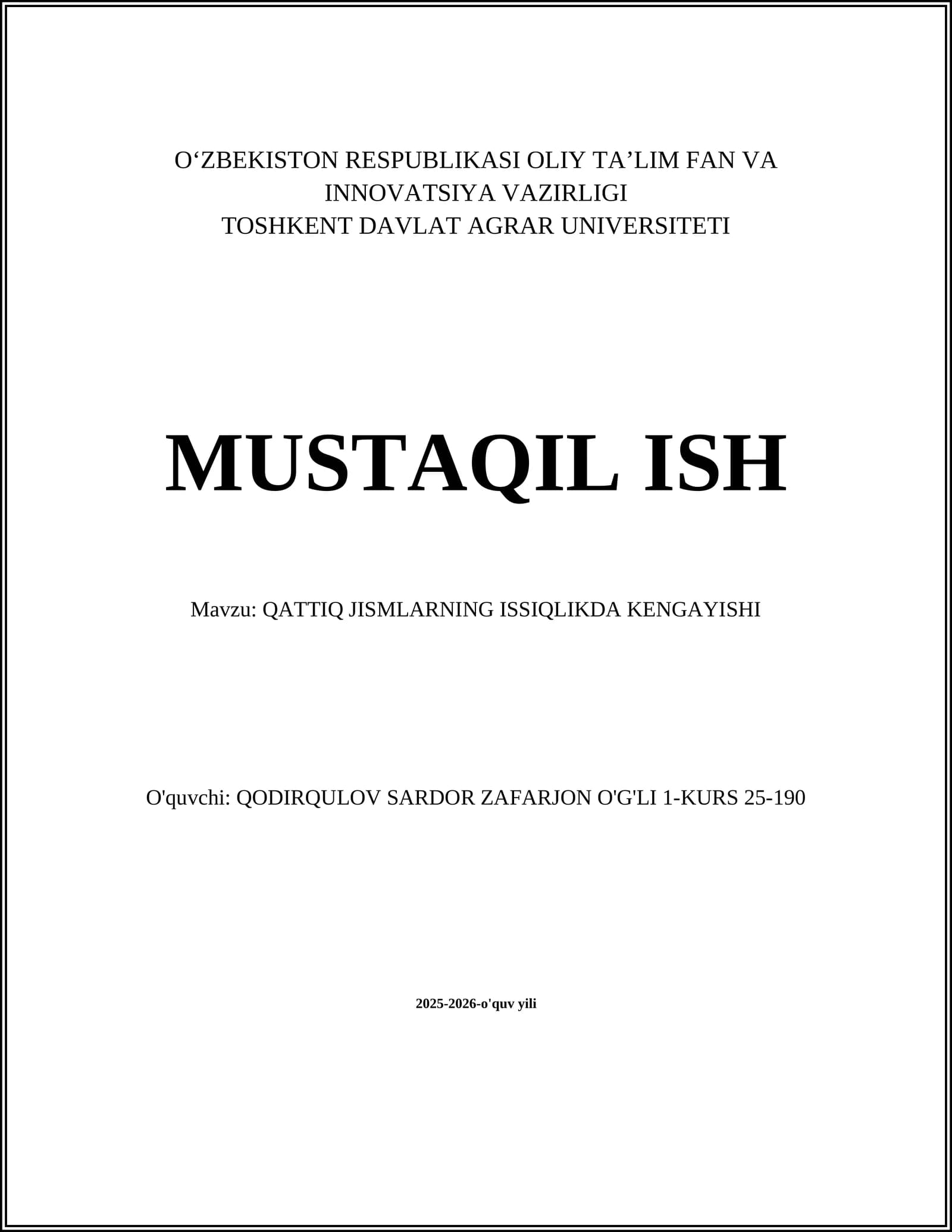 QATTIQ JISMLARNING ISSIQLIKDA KENGAYISHI