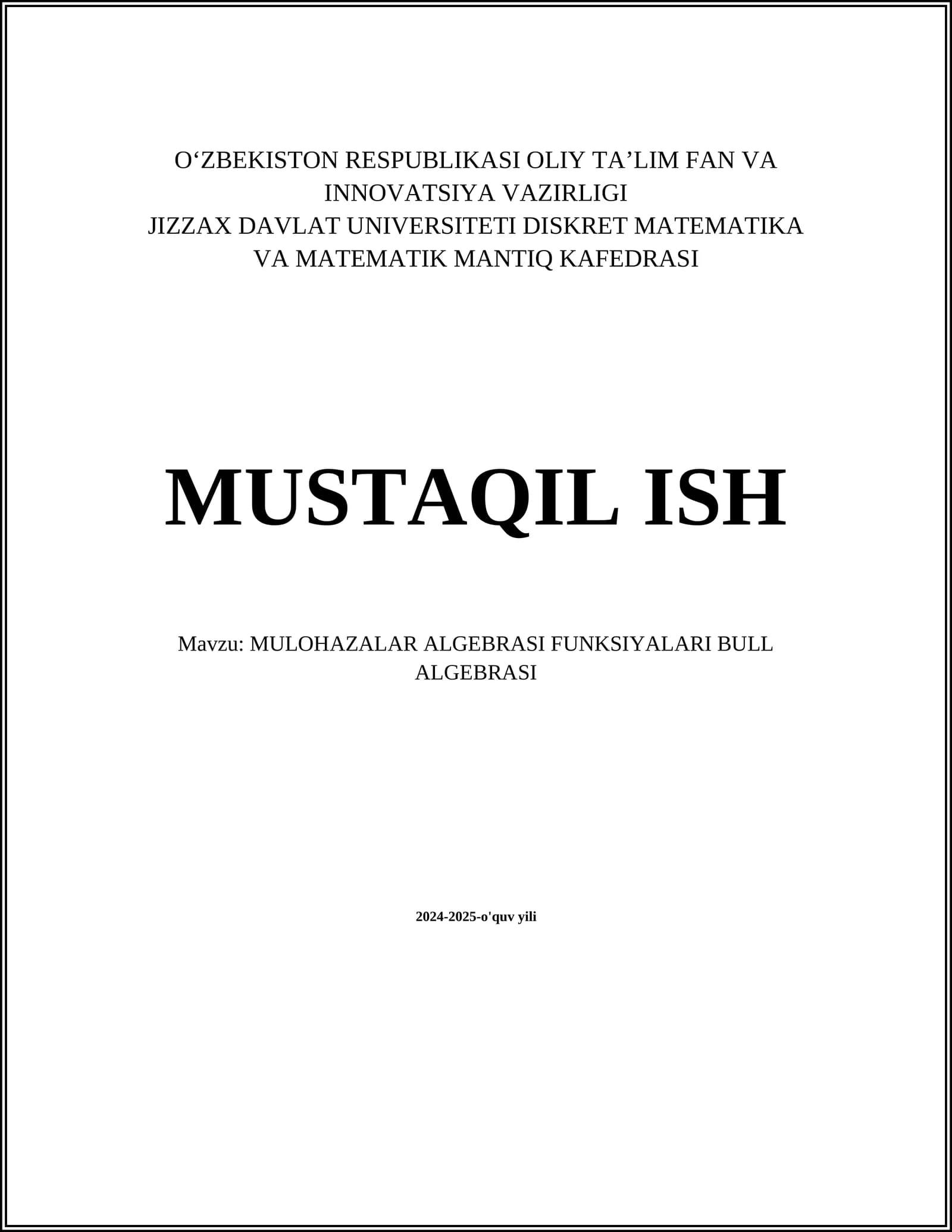 MULOHAZALAR ALGEBRASI FUNKSIYALARI BULL ALGEBRASI