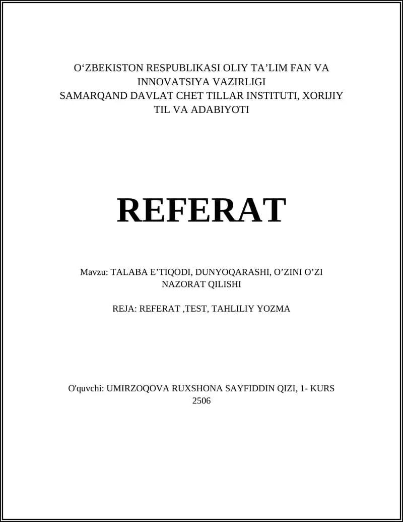 TALABA E’TIQODI, DUNYOQARASHI, O’ZINI O’ZI NAZORAT QILISHI