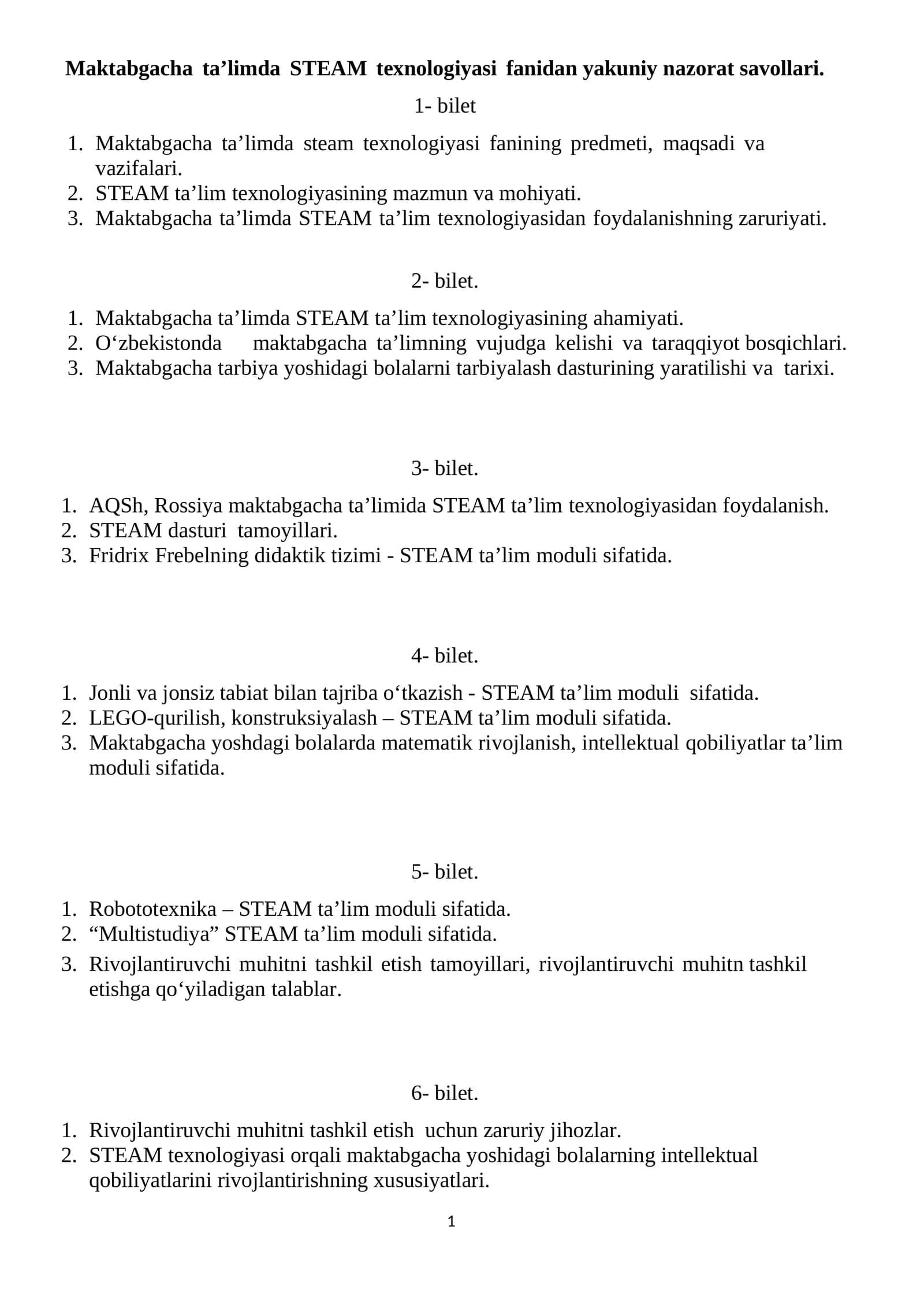 Maktabgacha ta’limda STEAM texnologiyasi fanidan yakuniy nazorat savollari