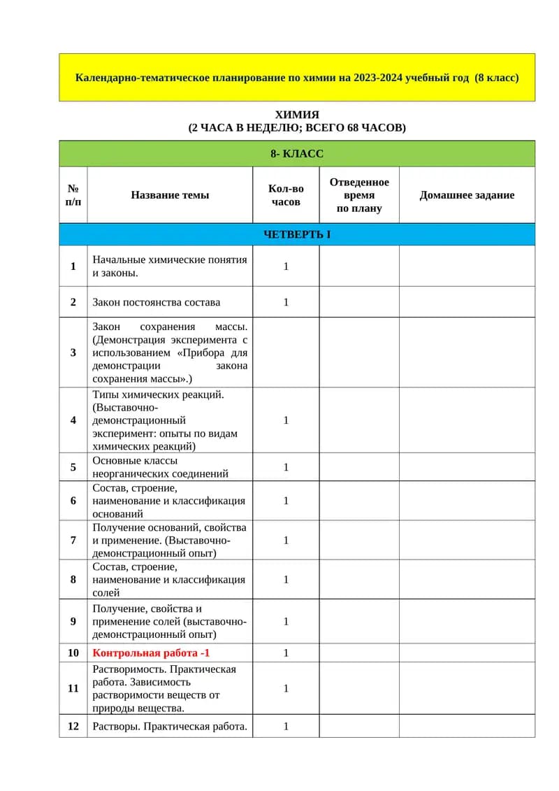 Календарно-тематическое планирование по химии на 2023-2024 учебный год (8 класс)