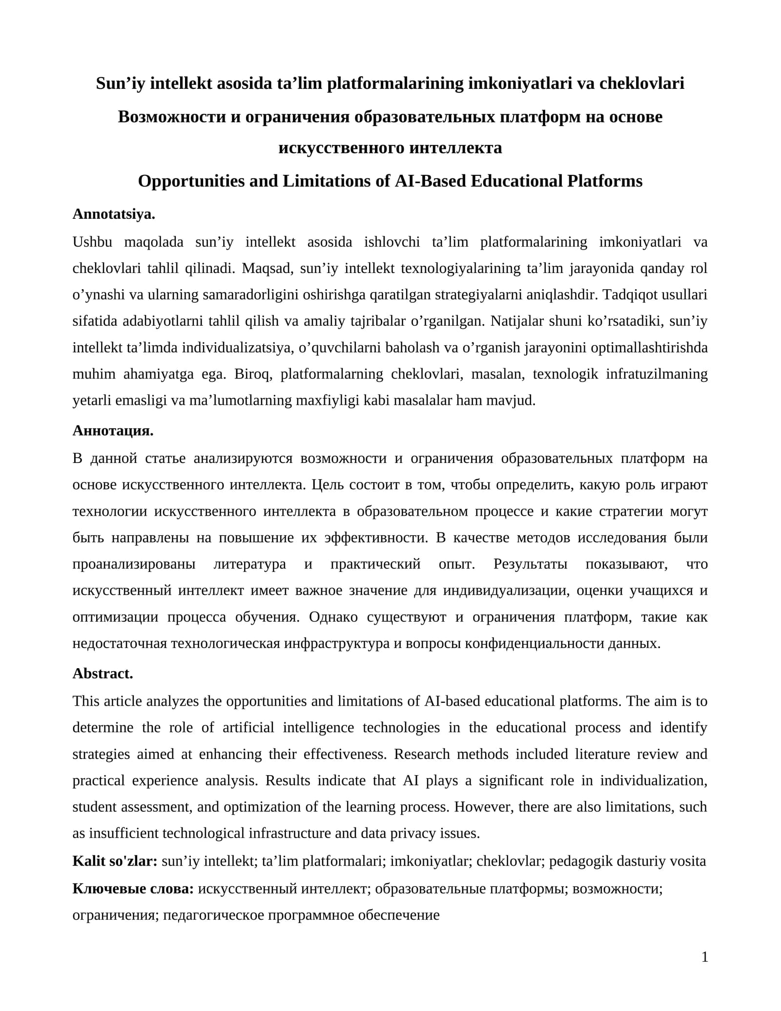 Sun’iy intellekt asosida ta’lim platformalarining imkoniyatlari va cheklovlari