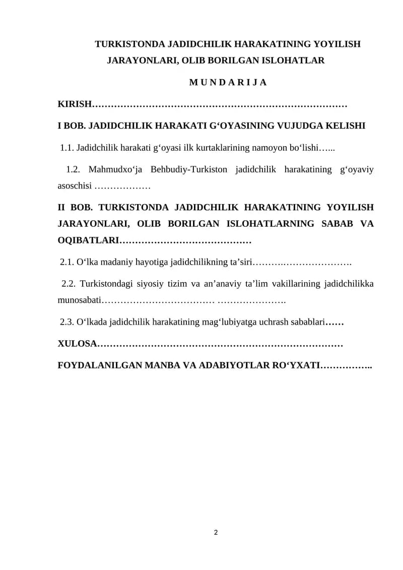 TURKISTONDA JADIDCHILIK HARAKATINING YOYILISH JARAYONLARI, OLIB BORILGAN ISLOHATLAR