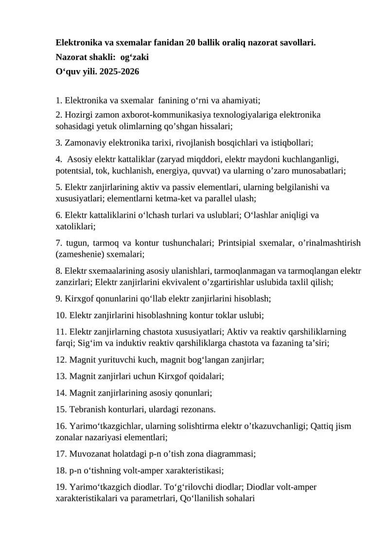 Elektronika va sxemalar Fanidan 20 Ballik Oraliq nazorat Savollari