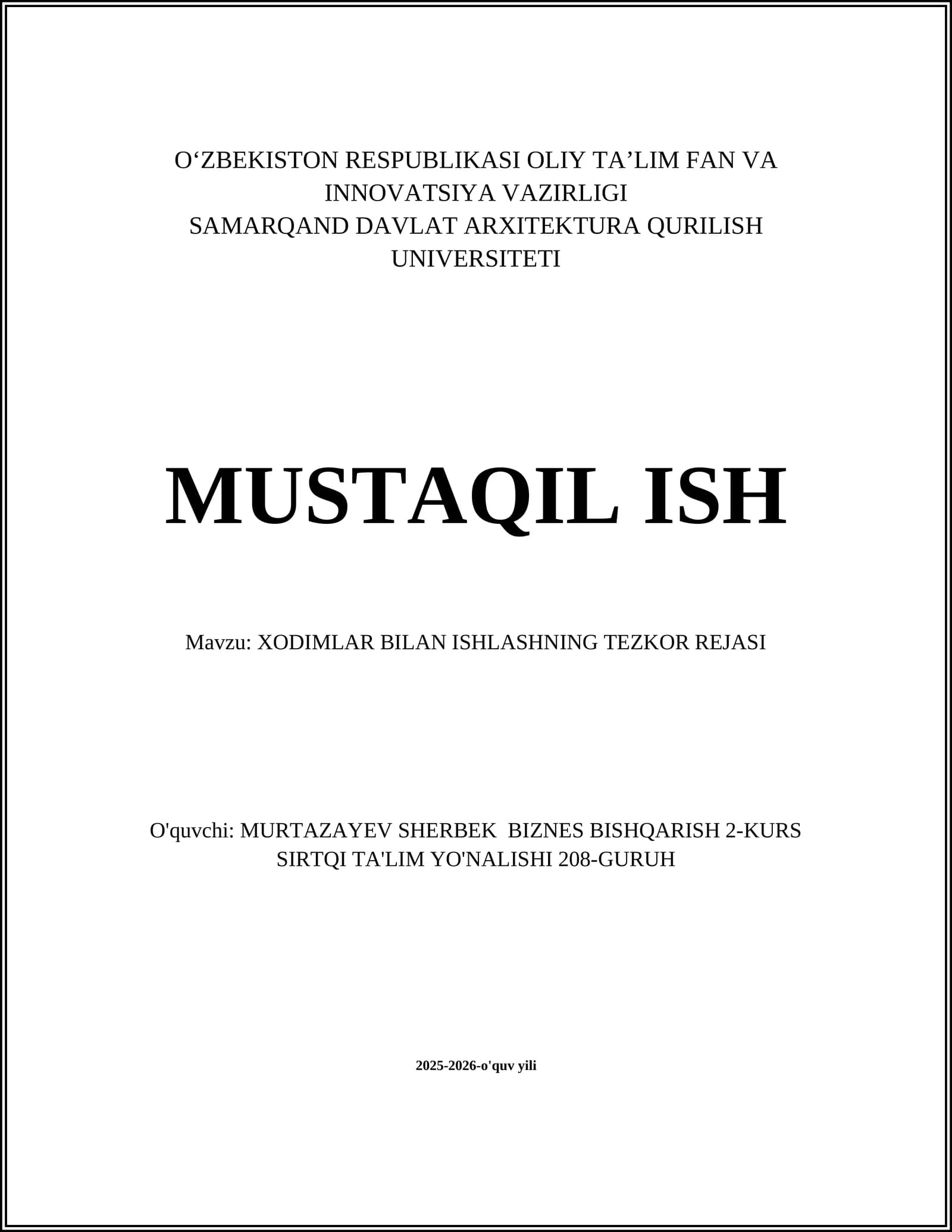 XODIMLAR BILAN ISHLASHNING TEZKOR REJASI