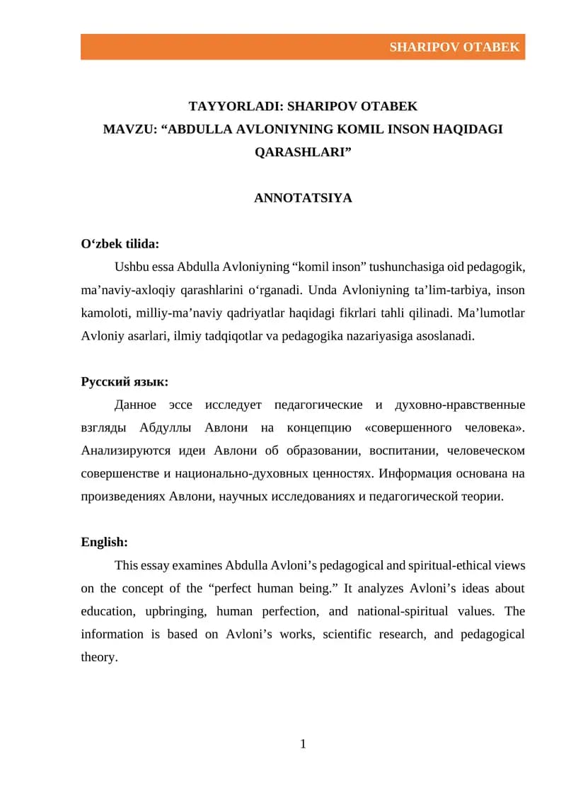 АBULLA AVLONIYNING KOMIL INSON HAQIDAGI QARASHLARI