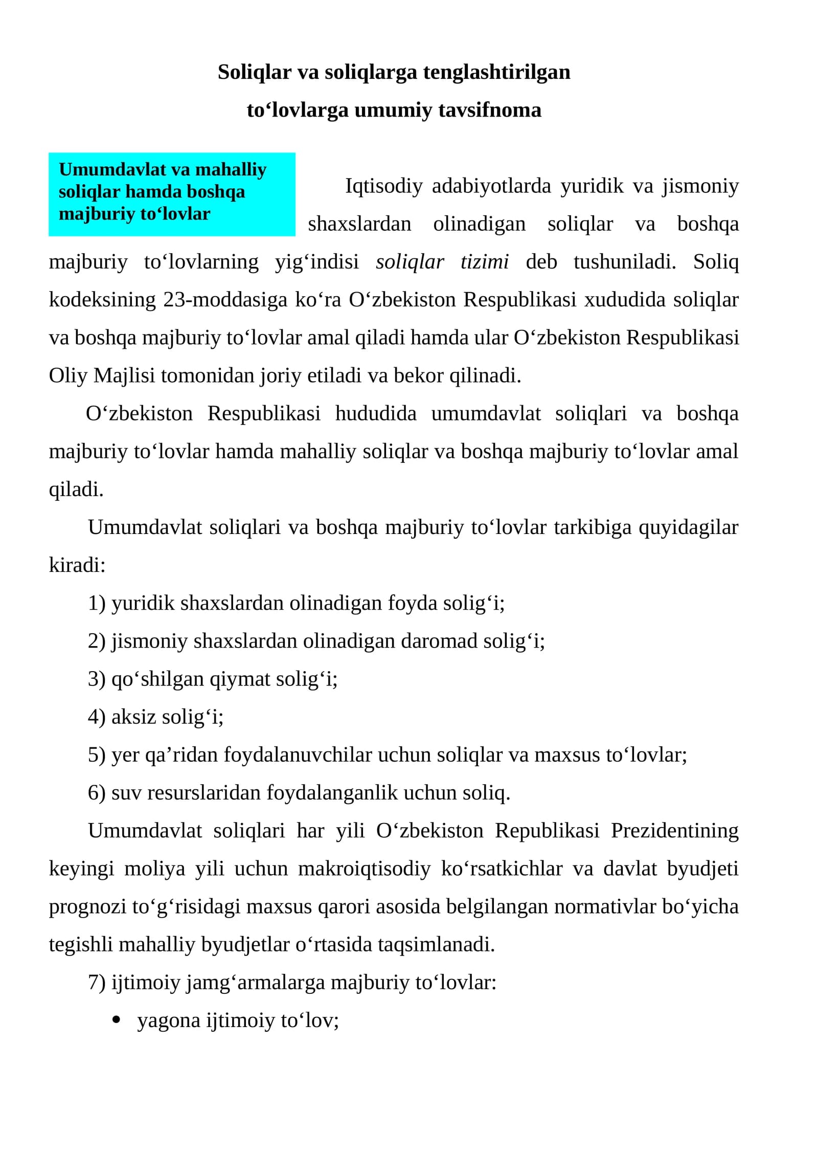 Soliqlar va soliqlarga tenglashtirilgan to‘lovlarga umumiy tavsifnoma