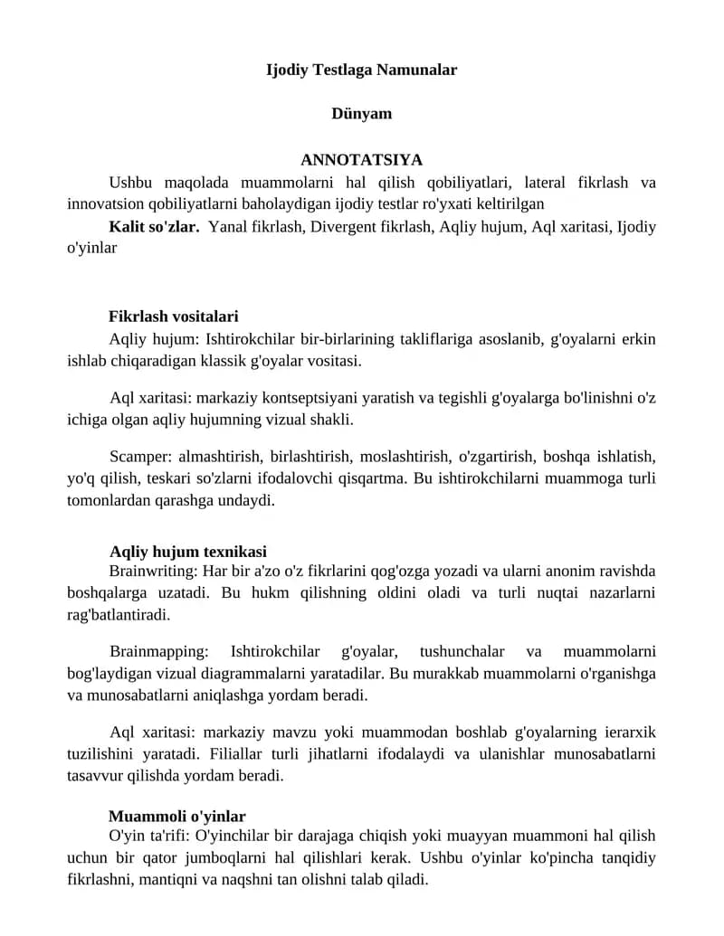 Ijodiy Testlaga Namunalar