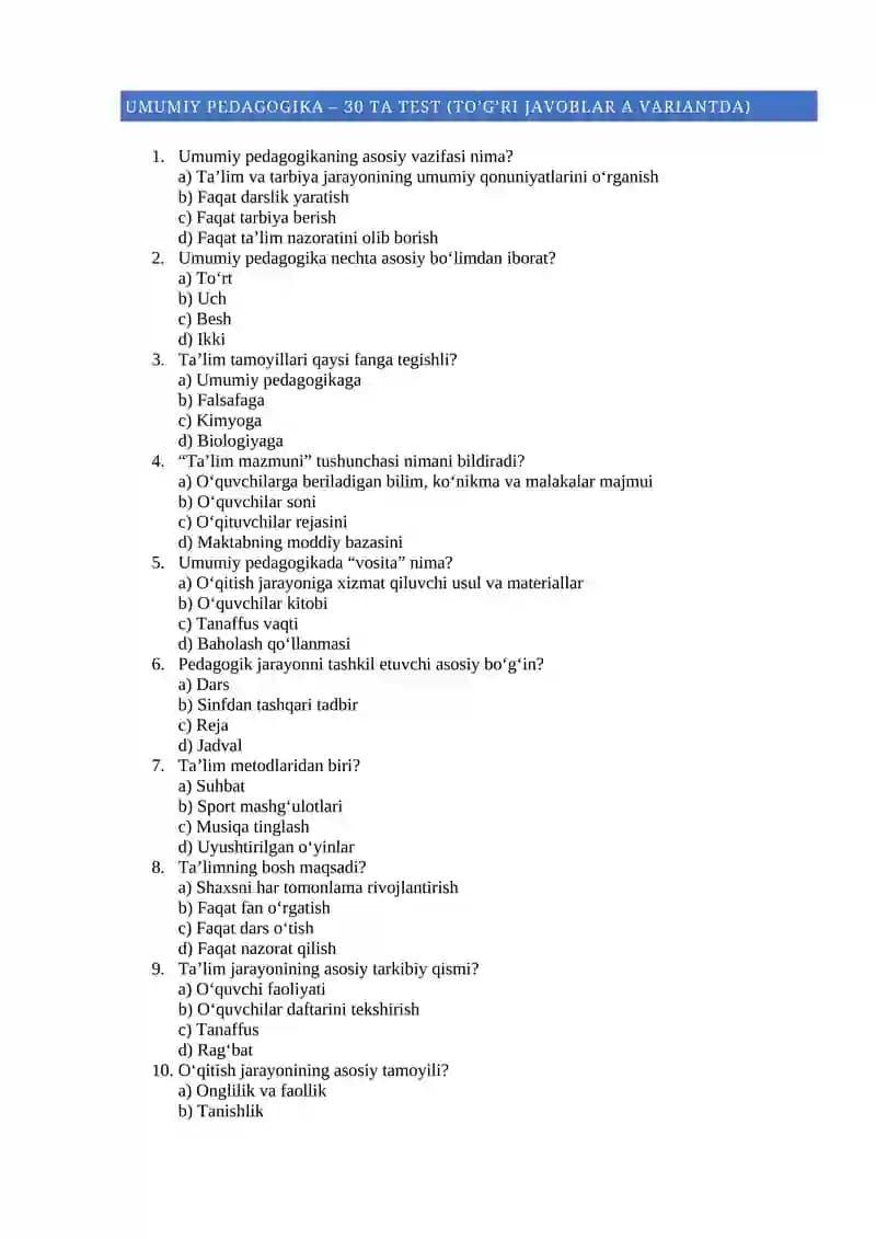 Umumiy pedagogika test