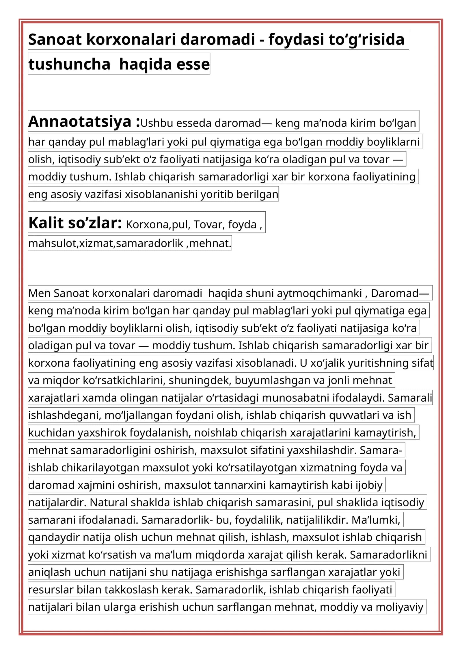 Sanoat korxonalari daromadi - foydasi to‘g‘risida tushuncha haqida esse