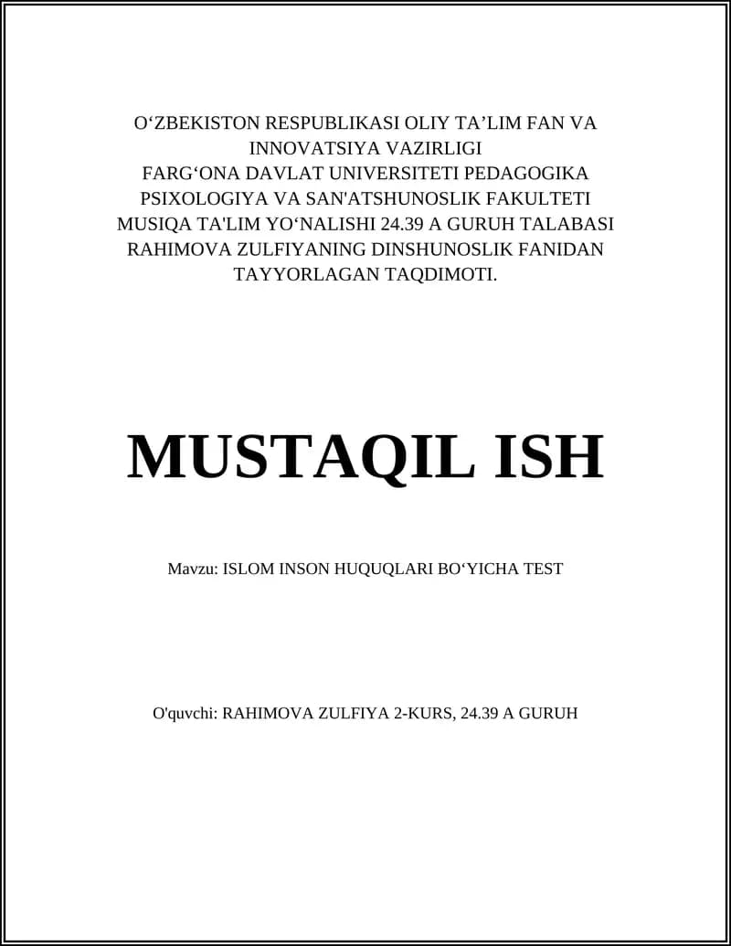 ISLOM INSON HUQUQLARI BOʻYICHA TEST