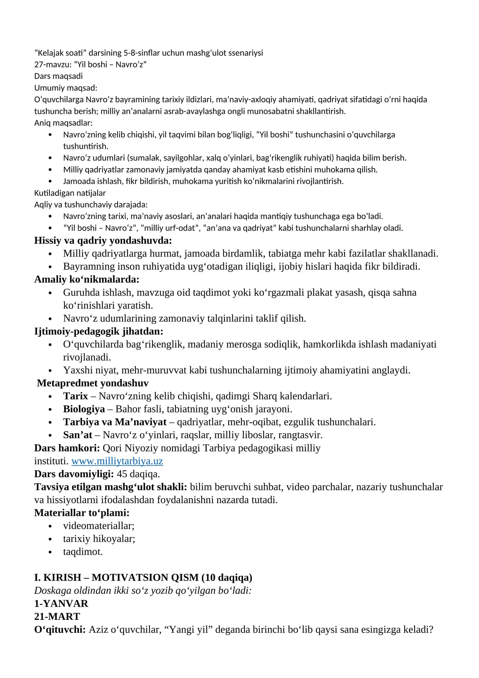 “Kelajak soati” darsining 5-8-sinflar uchun mashgʻulot ssenariysi