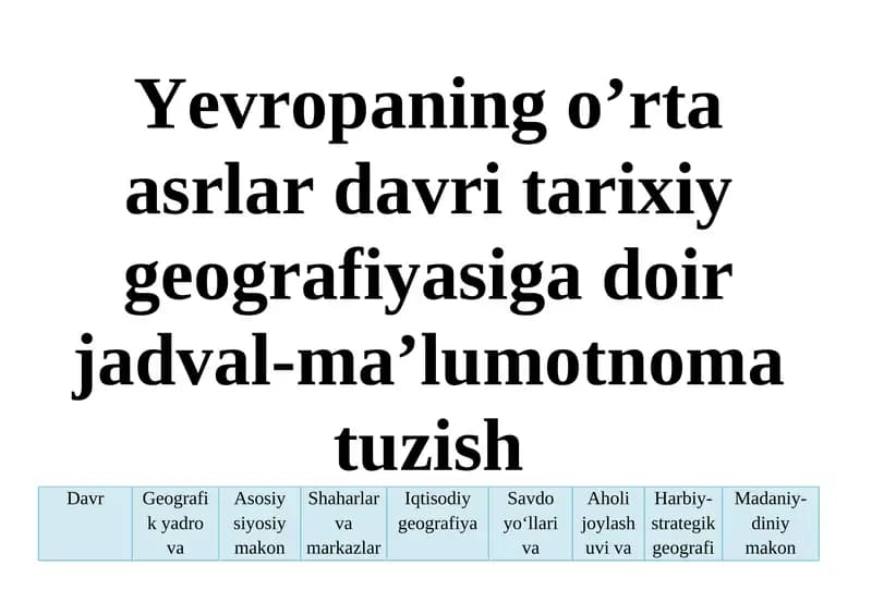 Yevropaning o’rta asrlar davri tarixiy geografiyasiga doir jadval-ma’lumotnoma