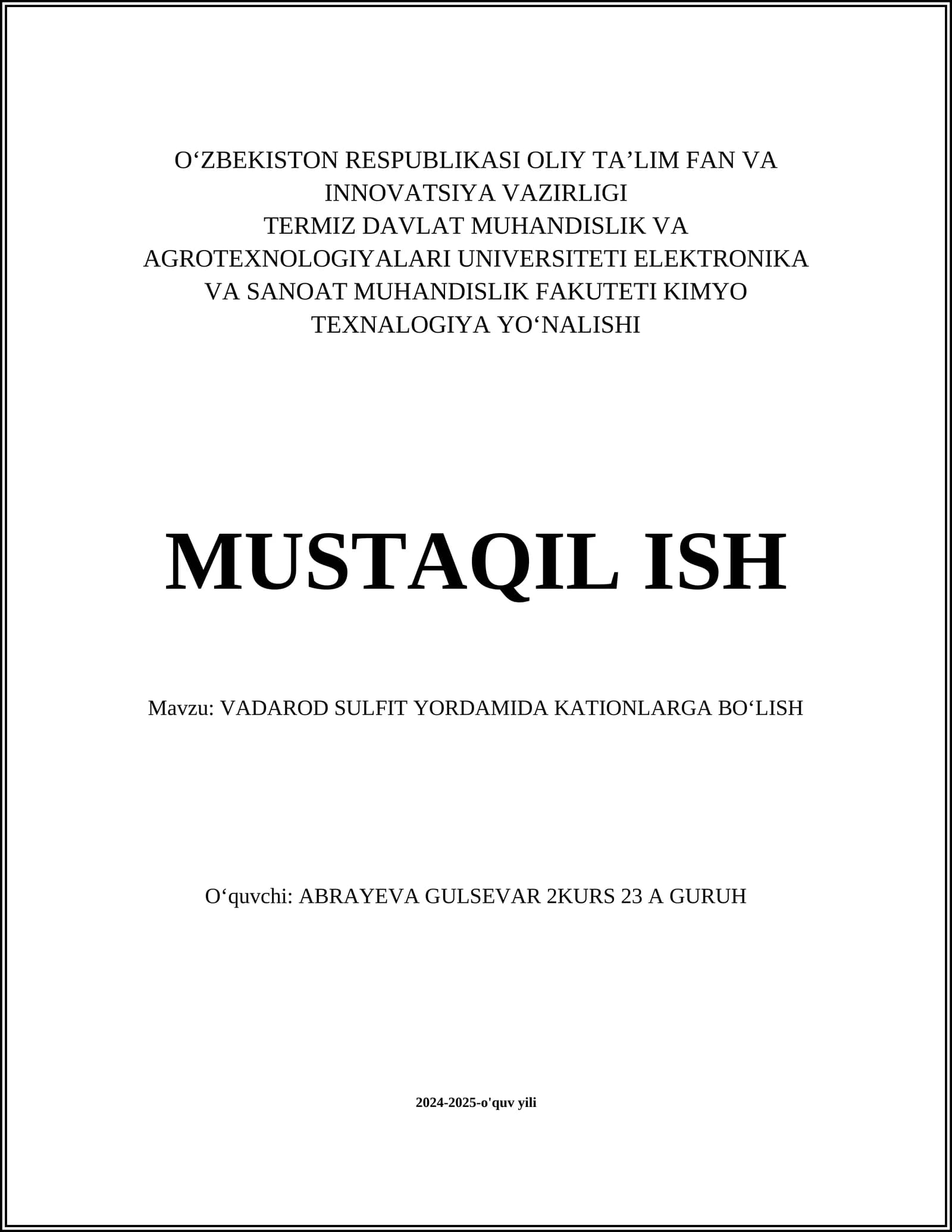 VADAROD SULFIT YORDAMIDA KATIONLARGA BO‘LISH