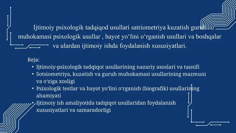 Ijtimoiy psixologik tadqiqod usullari satriometriya kuzatish guruh muhokamasi psixologik usullar.