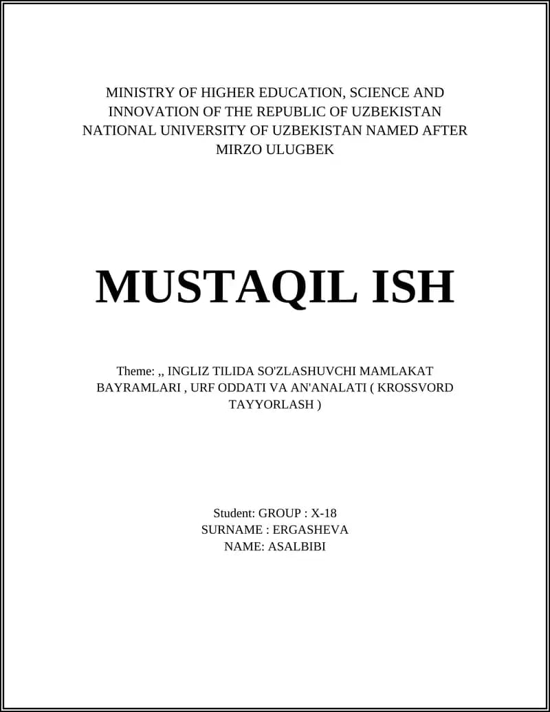 INGLIZ TILIDA SO'ZLASHUVCHI MAMLAKAT BAYRAMLARI, URF ODDATI VA AN'ANALATI ( KROSSVORD TAYYORLASH )