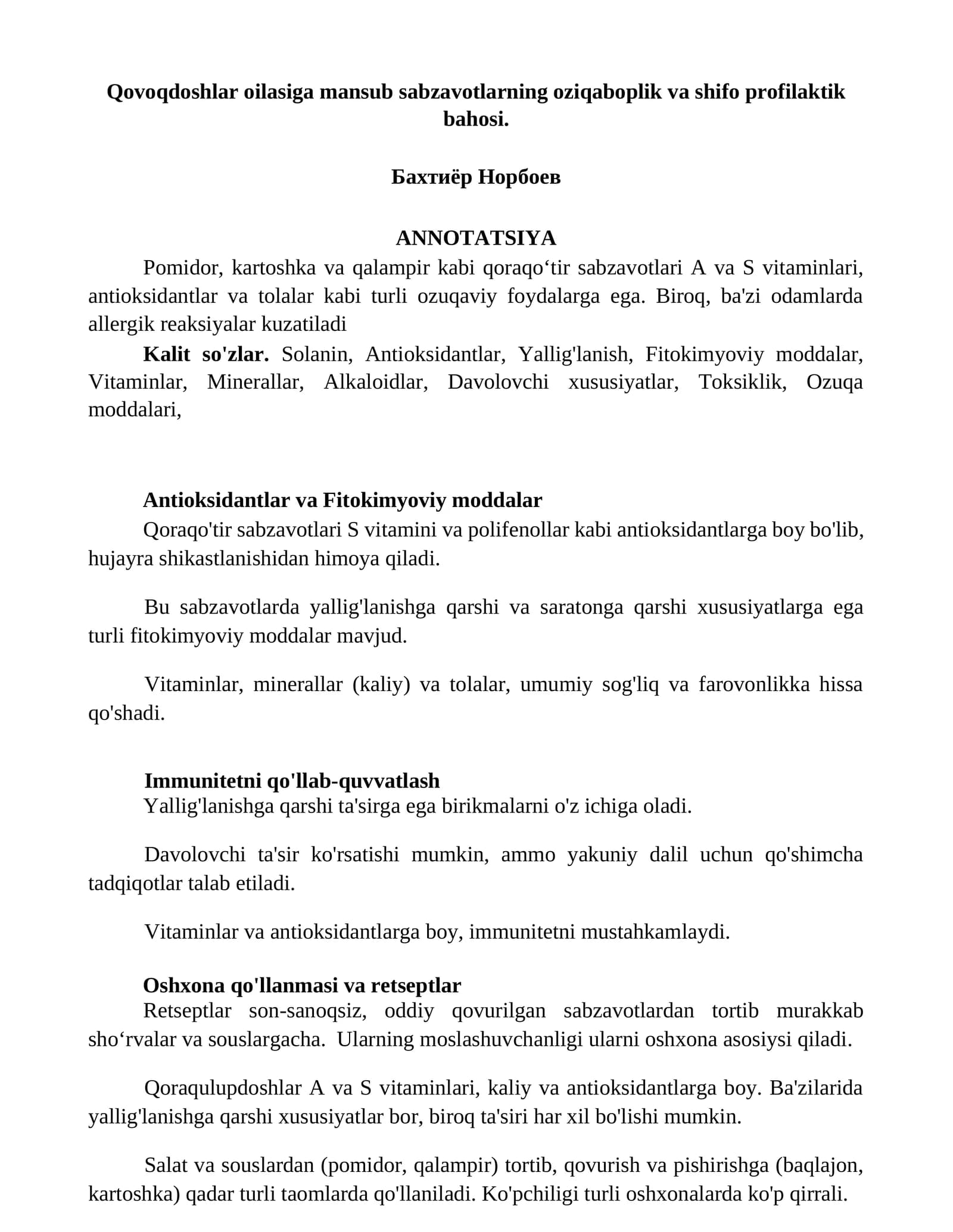Qovoqdoshlar oilasiga mansub sabzavotlarning oziqaboplik va shifo profilaktik bahosi