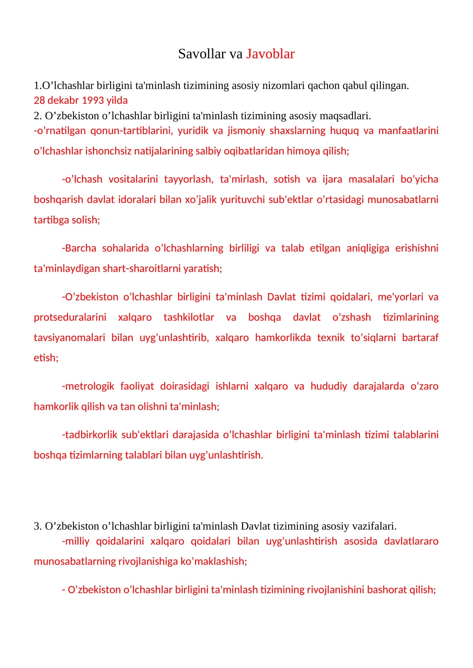 O’zbеkiston o’lchashlar birligini ta'minlash tizimi