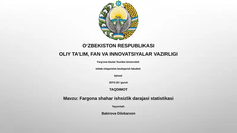 Fargona shahar ishsizlik darajasi statistikasi