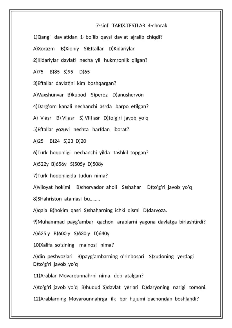 7-sinf TARIX.TESTLAR 4-chorak