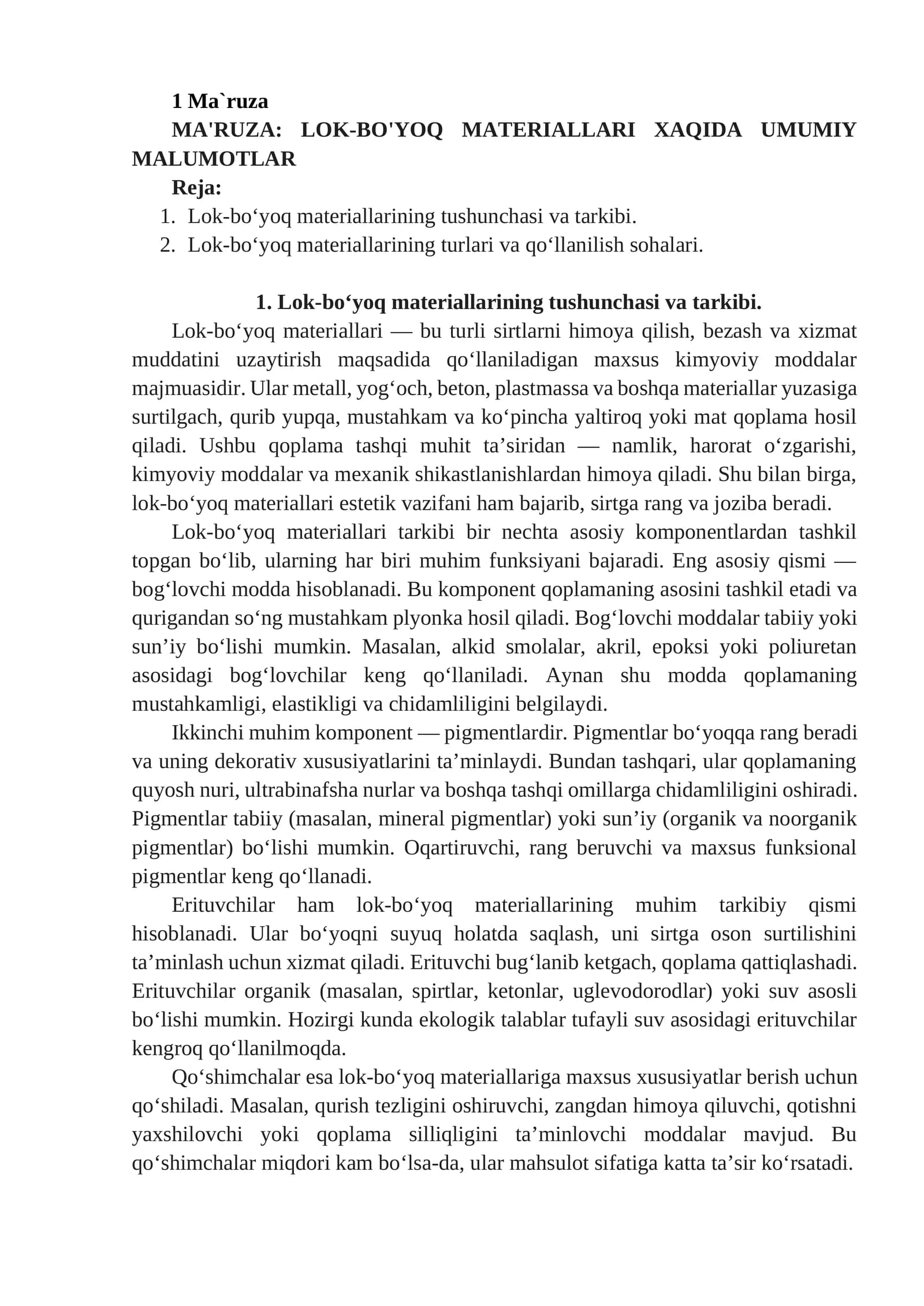 LOK-BO'YOQ MATERIALLARI XAQIDA UMUMIY MALUMOTLAR