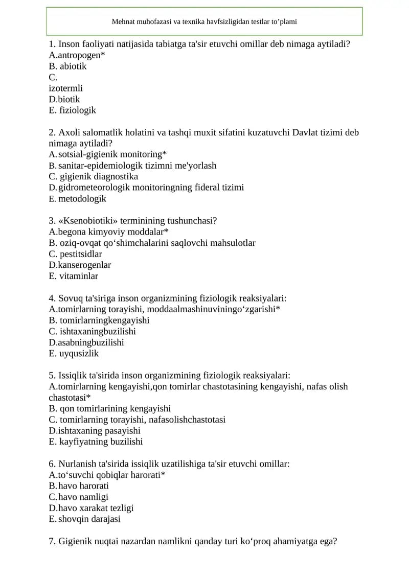1000 talik test Mehnat muhofazasi va tehnika havfsizligi fanidan 2025