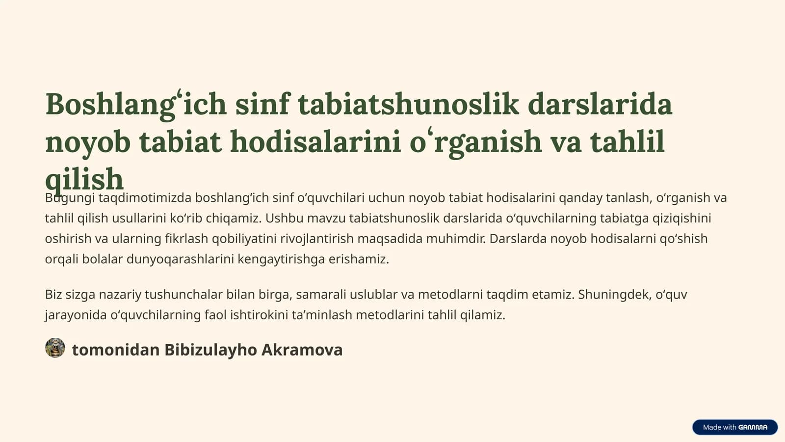 Boshlangʻich sinf tabiatshunoslik darslarida noyob tabiat hodisalarini oʻrganish va tahlil qilish