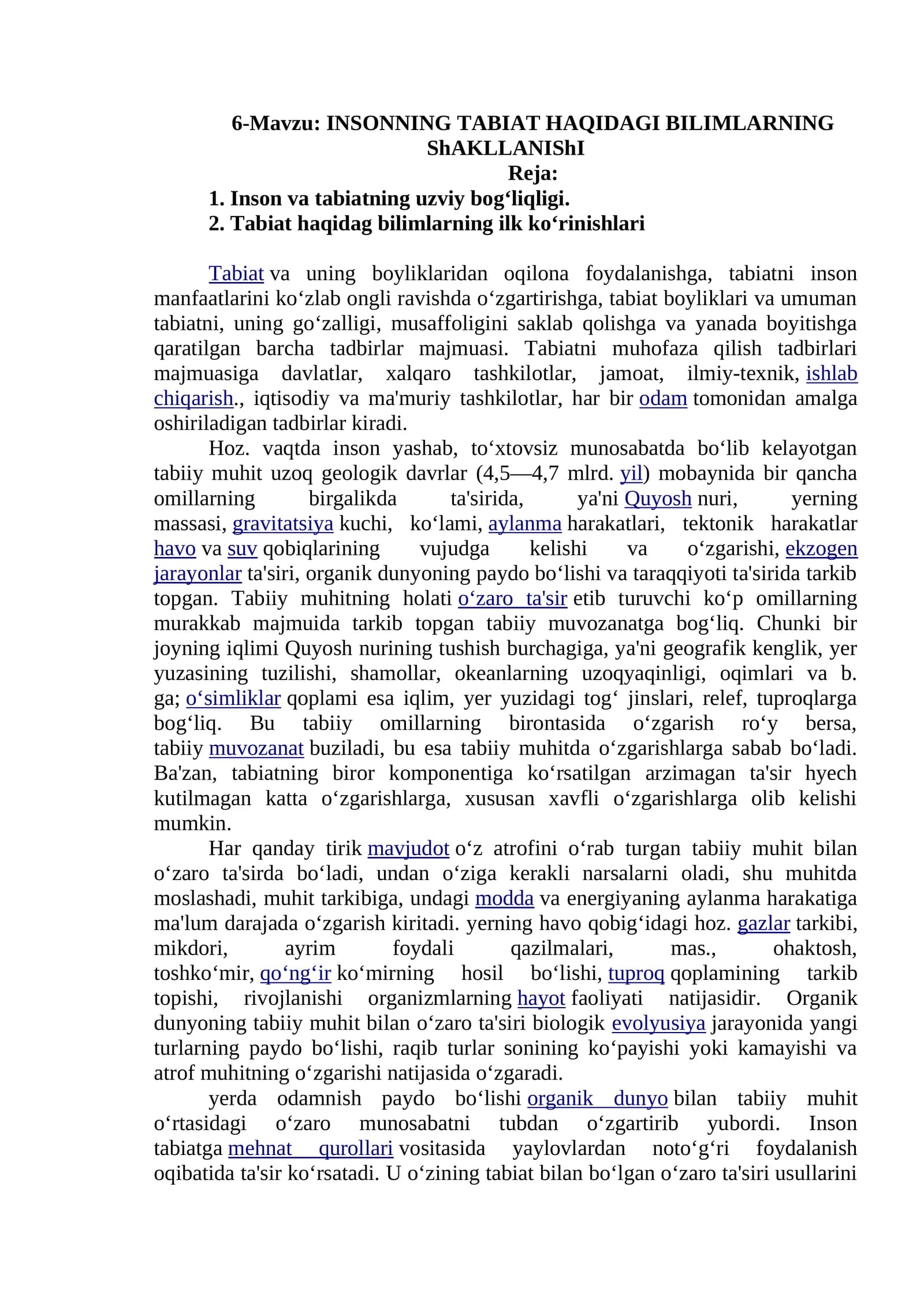 INSONNING TABIAT HAQIDAGI BILIMLARNING ShAKLLANIShI