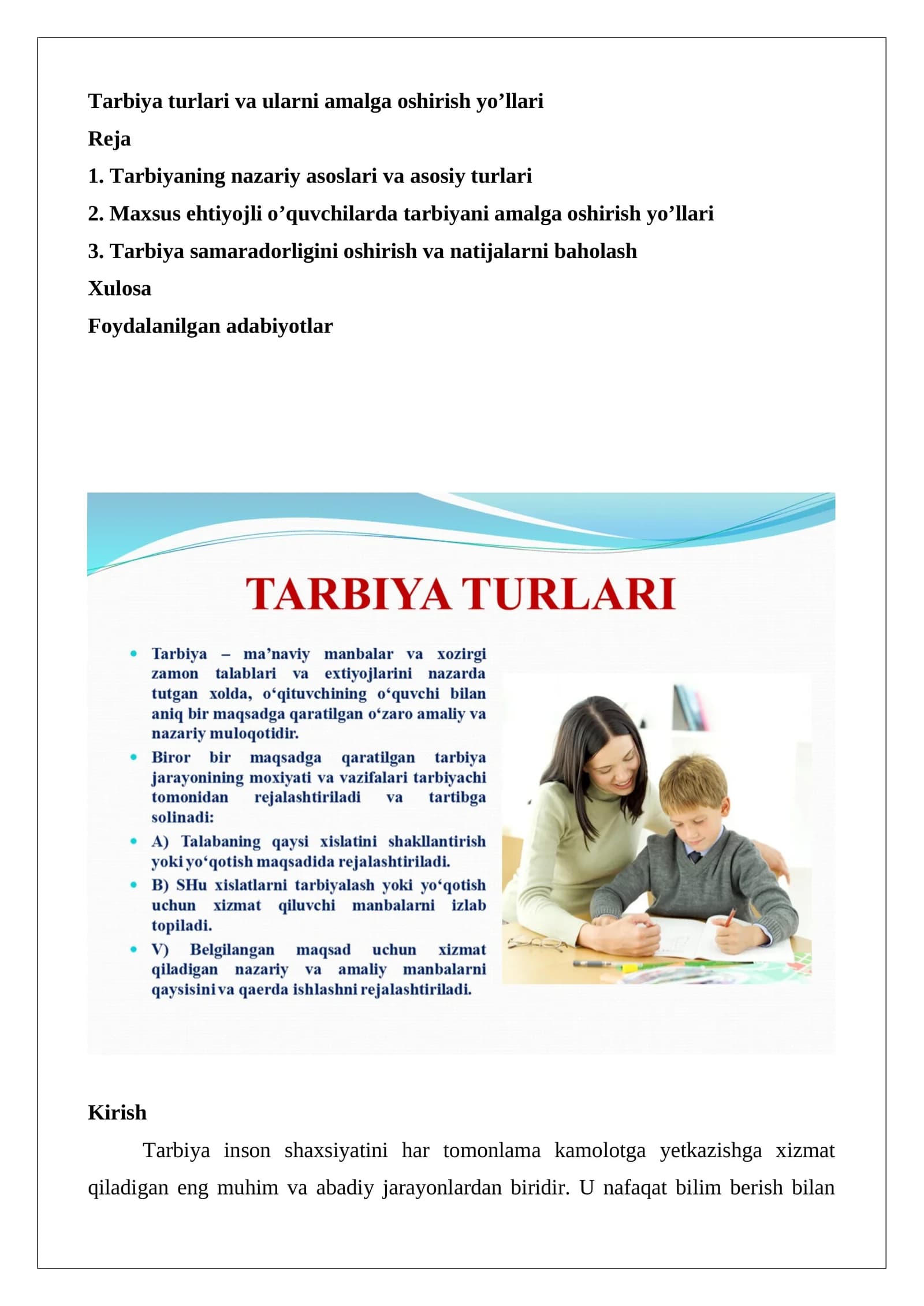 Tarbiya turlari va ularni amalga oshirish yo’llari