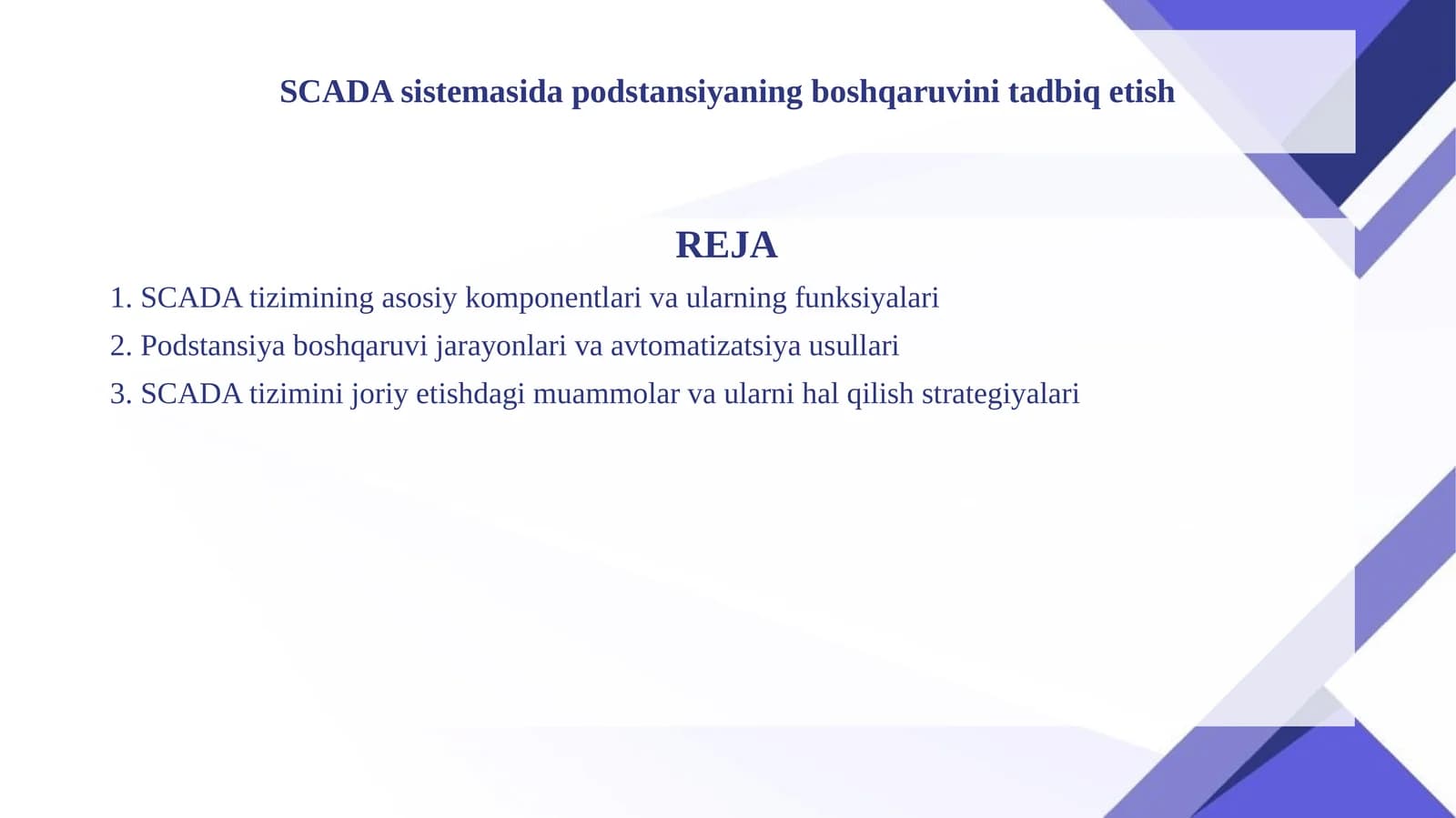 SCADA sistemasida podstansiyaning boshqaruvini tad