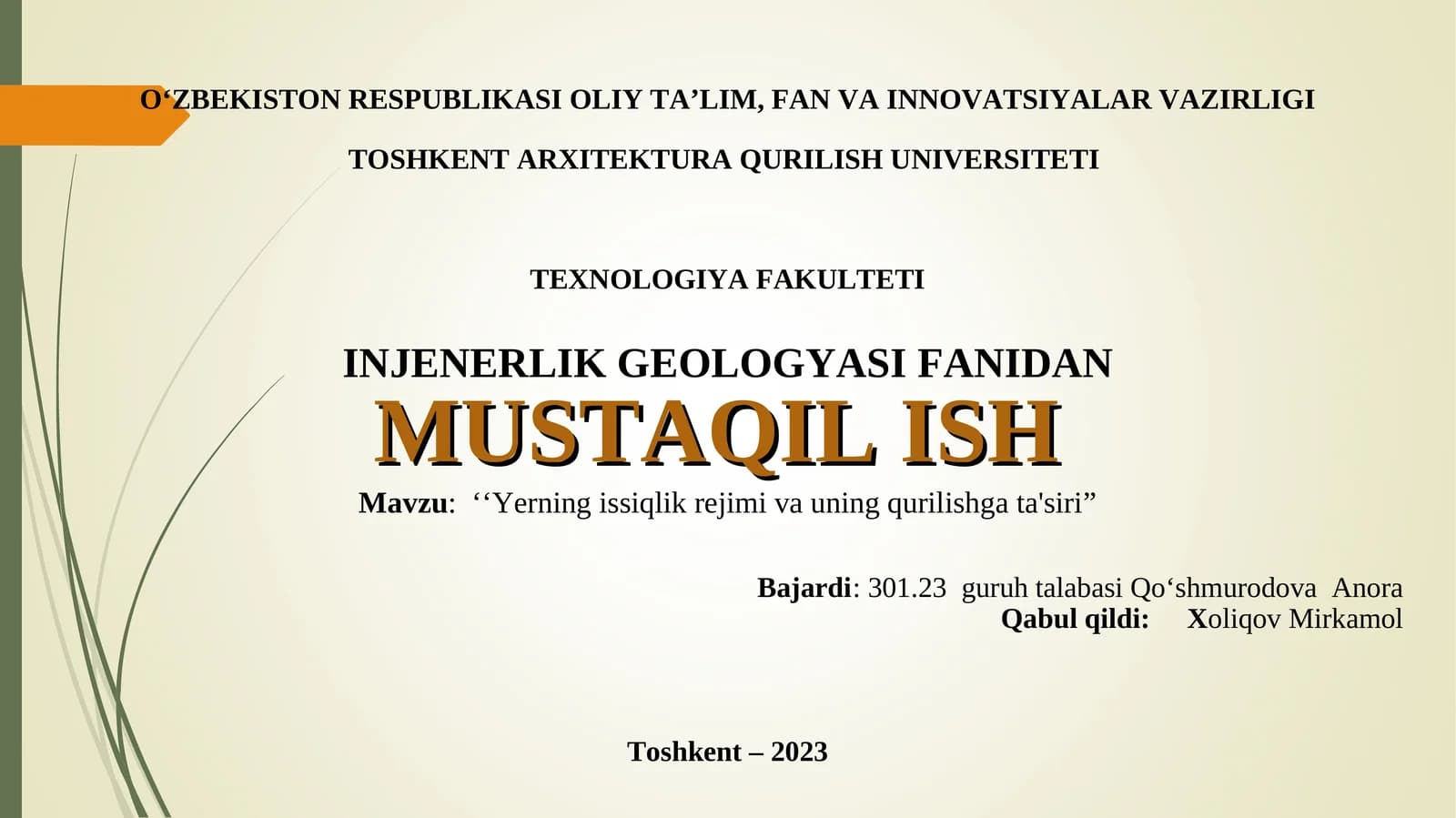 ‘‘Yerning issiqlik rejimi va uning qurilishga ta'siri”