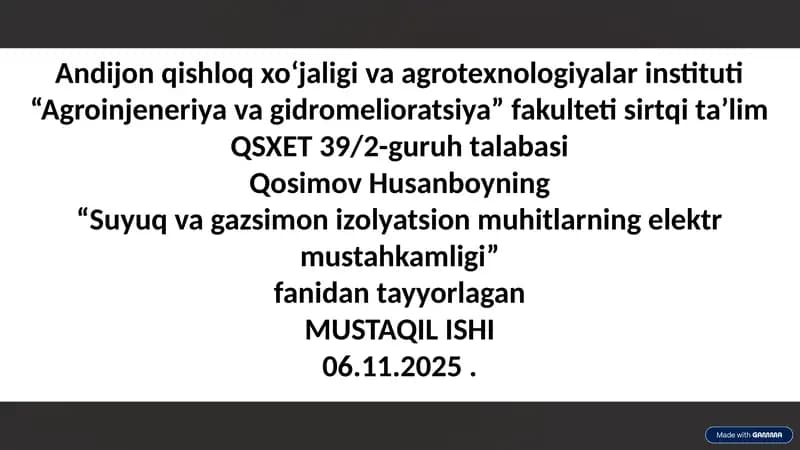 Suyuq va gazsimon izolyatsion muhitlarning elektr mustahkamligi