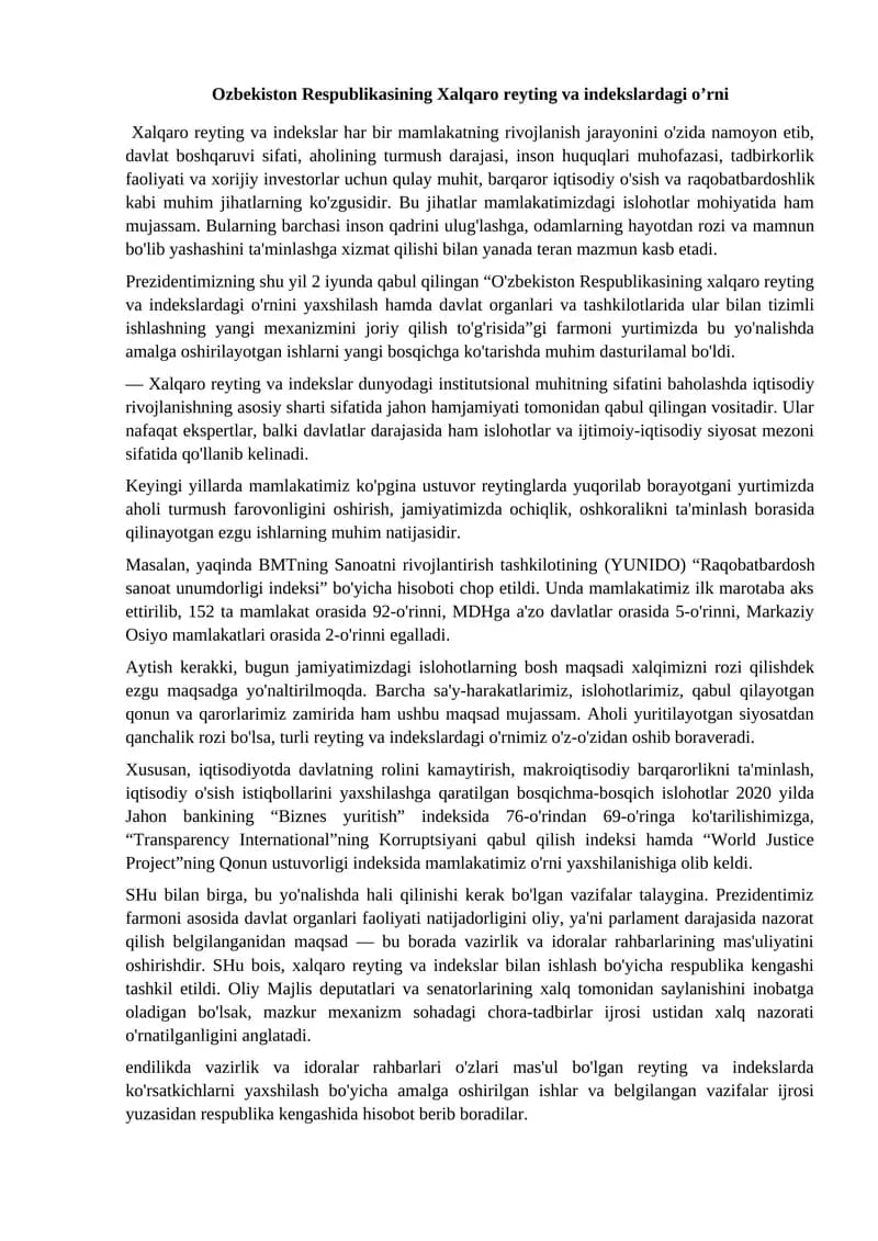 O'zbekiston Respublikasining Хalqaro reyting va indekslardagi o’rni