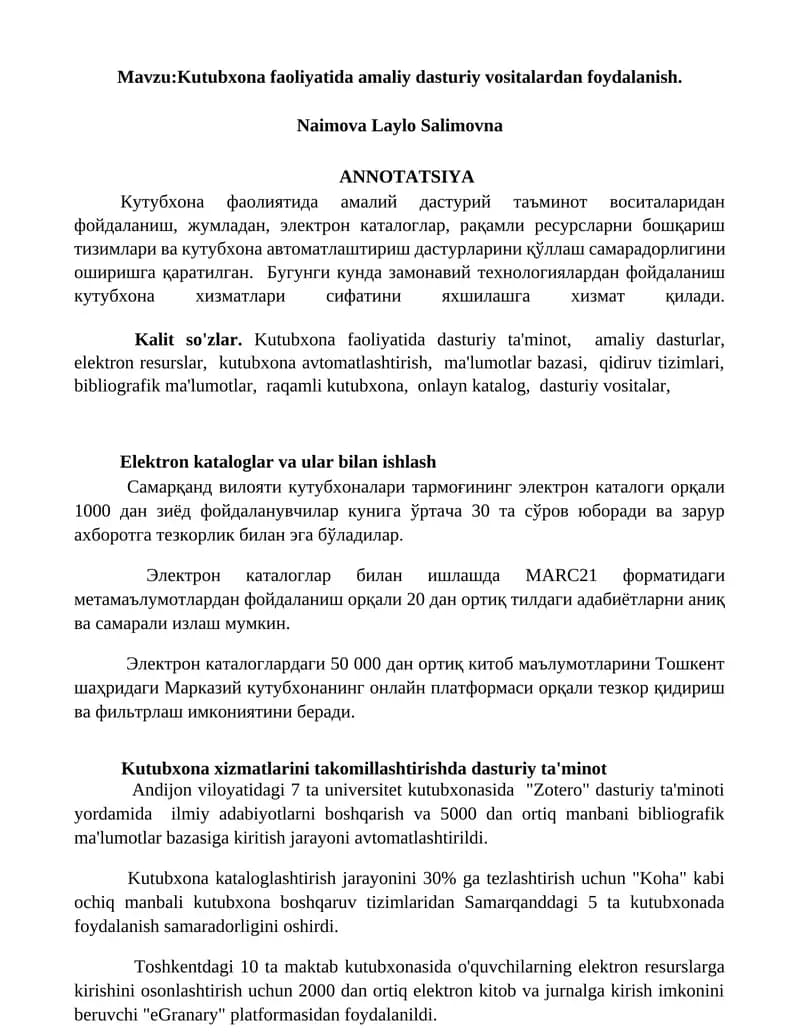 Kutubxona faoliyatida amaliy dasturiy vositalardan foydalanish