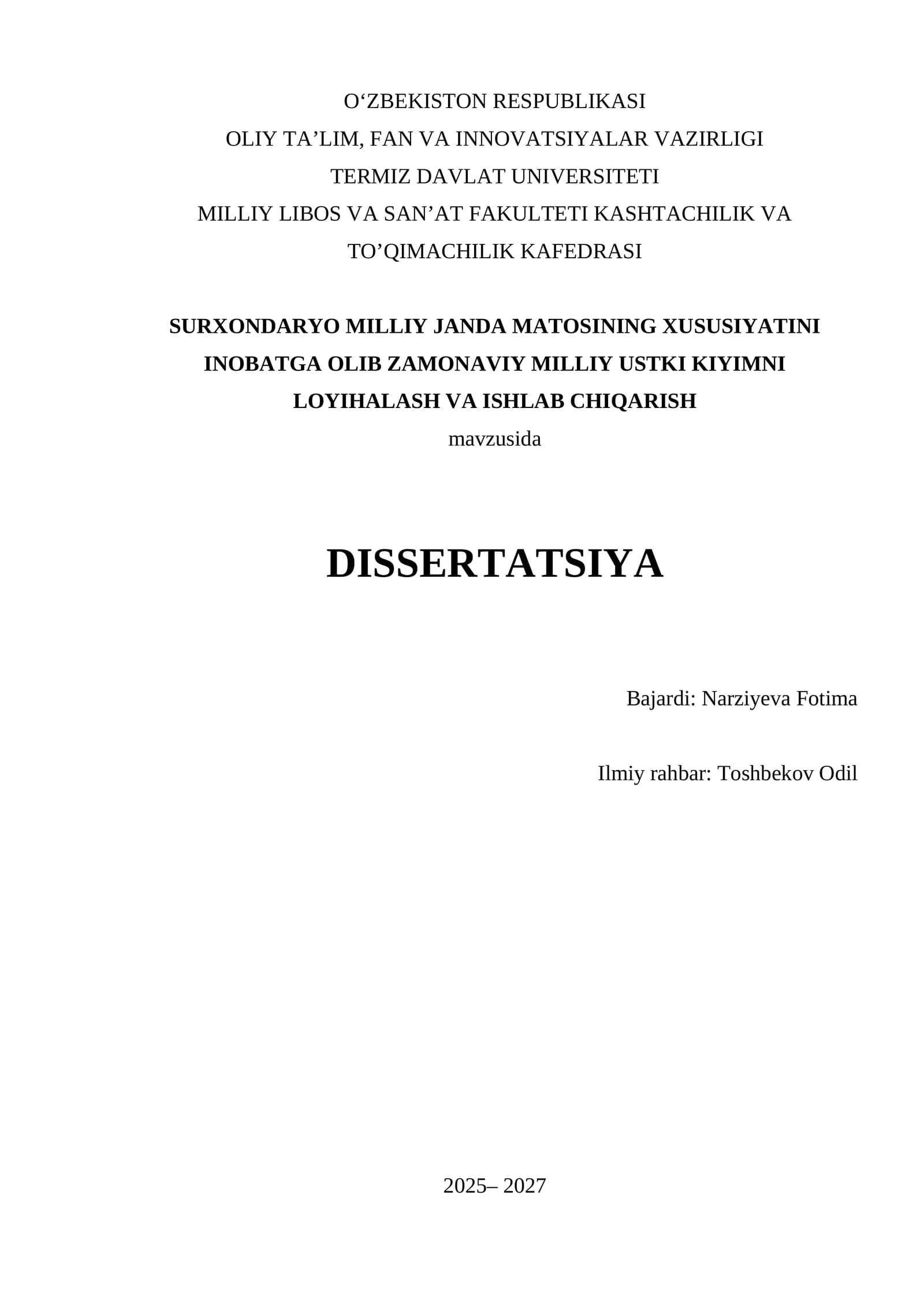Surxondaryo milliy janda matosining xususiyatlarini inobatga olib, zamonaviy milliy ustki kiyimlar loyihalash va ishlab chiqish