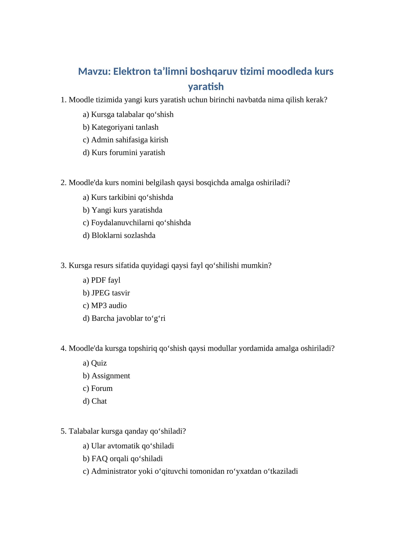 Elektron taʼlimni boshqaruv tizimi moodleda kurs yaratish