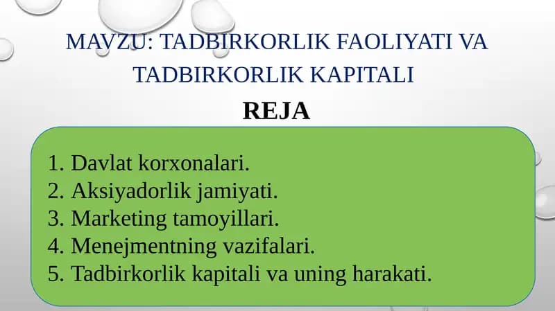 Tadbirkorlik faoliyati VA TADBIRKORLIK KAPITALI