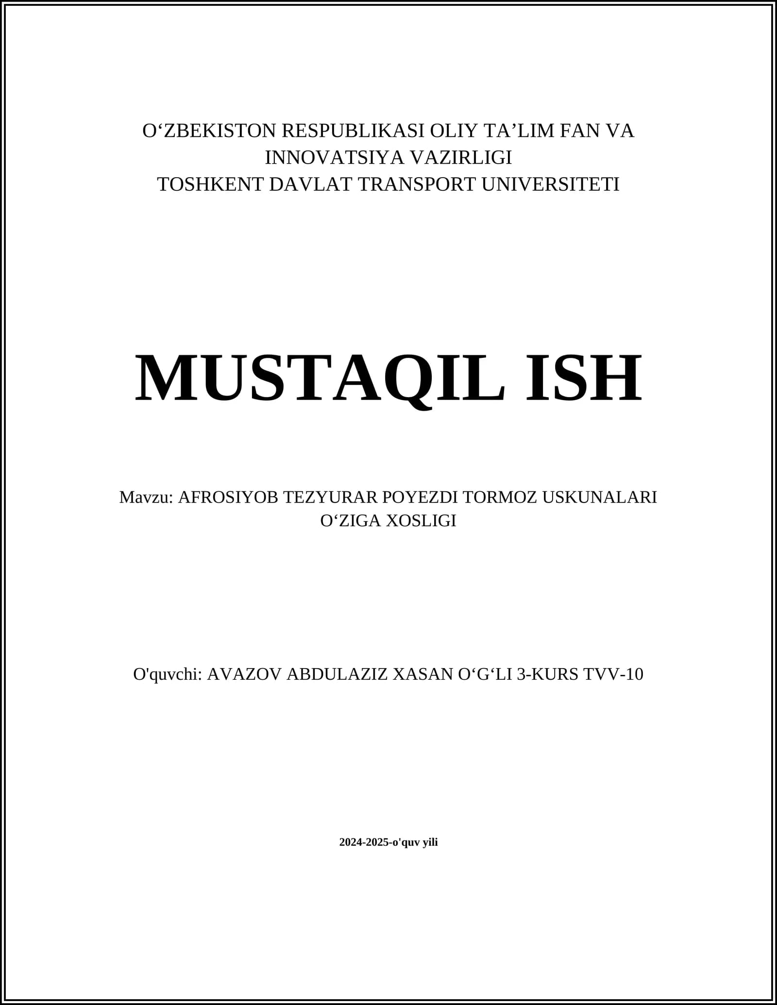 AFROSIYOB TEZYURAR POYEZDI TORMOZ USKUNALARI OʻZIGA XOSLIGI