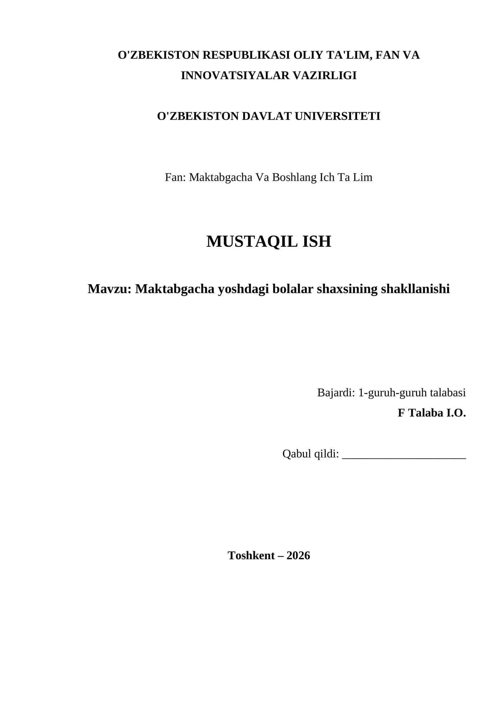 Maktabgacha yoshdagi bolalar shaxsining shakllanishi