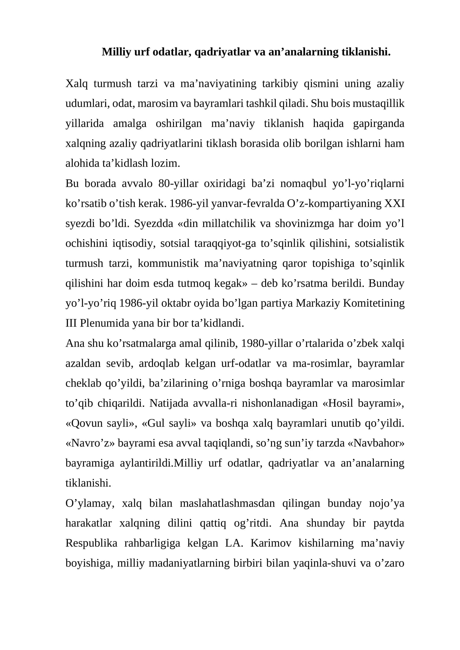 Xalqning azaliy qadriyatlarini tiklash borasida olib borilgan ishlar